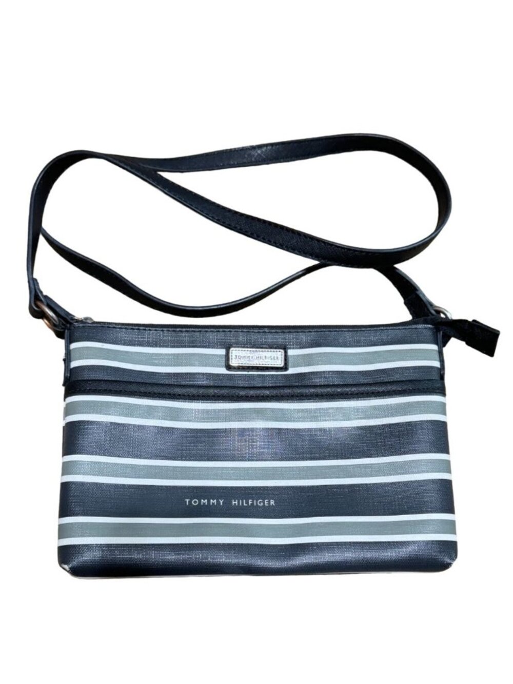 Y2K Tommy Hilfiger Crossbody Purse Handbag Bag Striped Black and Gray 10"X 7"X1"